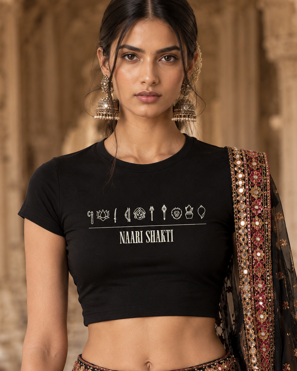 Naari Shakti Black Fitted Crop Top for Women