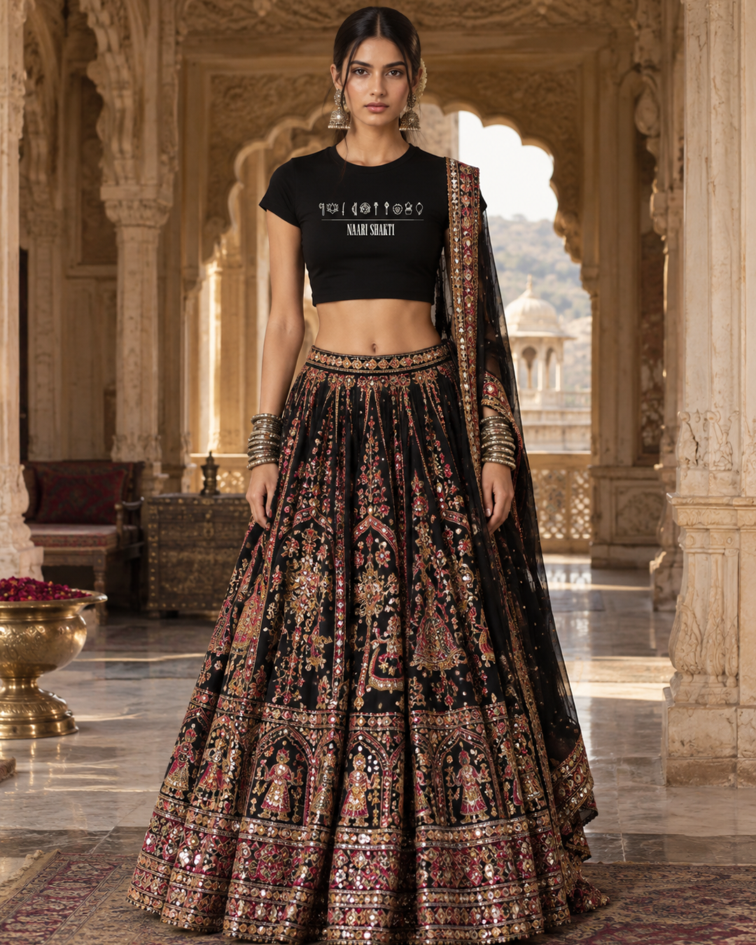 Naari Shakti Black Fitted Crop Top for Women